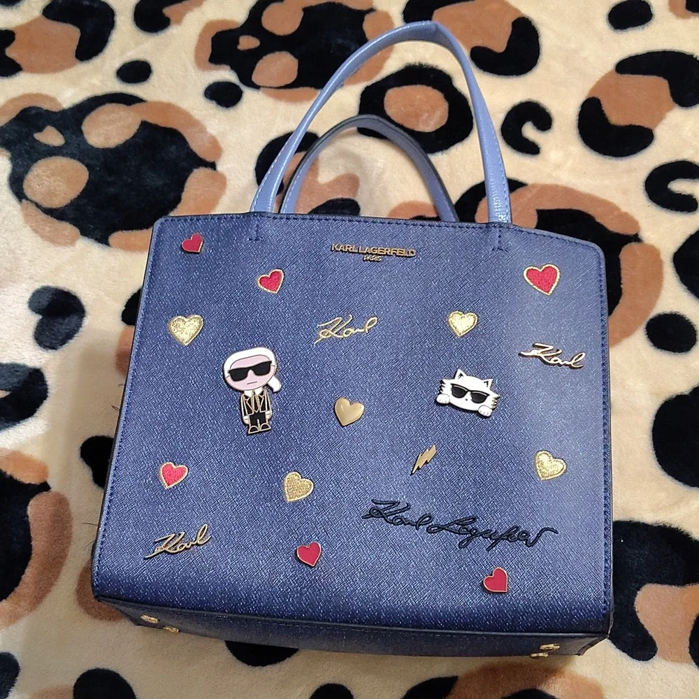 Karl Lagerfeld Navy Tote with Gold and Red Accents - Picture 1 of 9